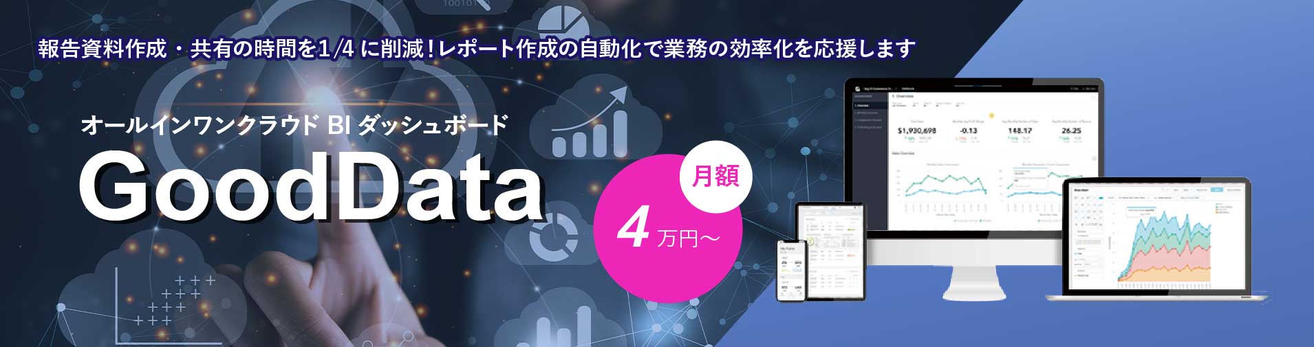 報告資料作成・共有の時間を１/4に削減！レポート作成の自動化で業務の効率化を応援します。オールインワンクラウドBIダッシュボード GoodData