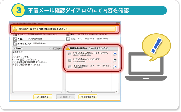 不信メール確認ダイヤログにて内容を確認