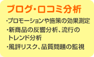 ブログ・クチコミ分析 ・プロモーションや施策の効果測定・新商品の反響分析、流行のトレンド分析・風評リスク、品質問題の監視